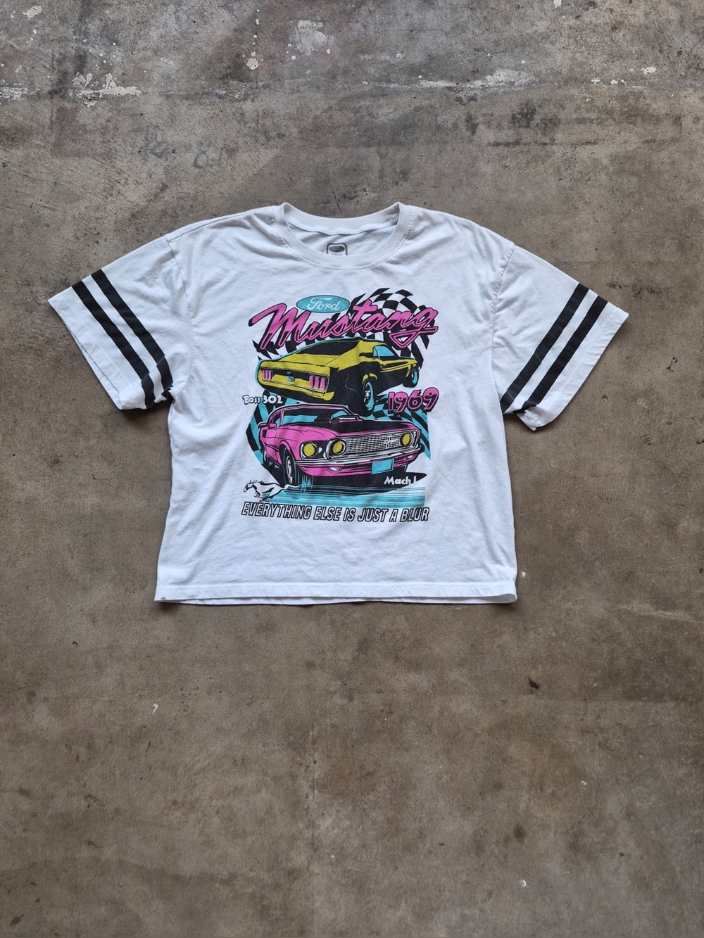 Hybrid Apparel White Women’s Mustang Graphic Tee with Black Stripe Sleeves